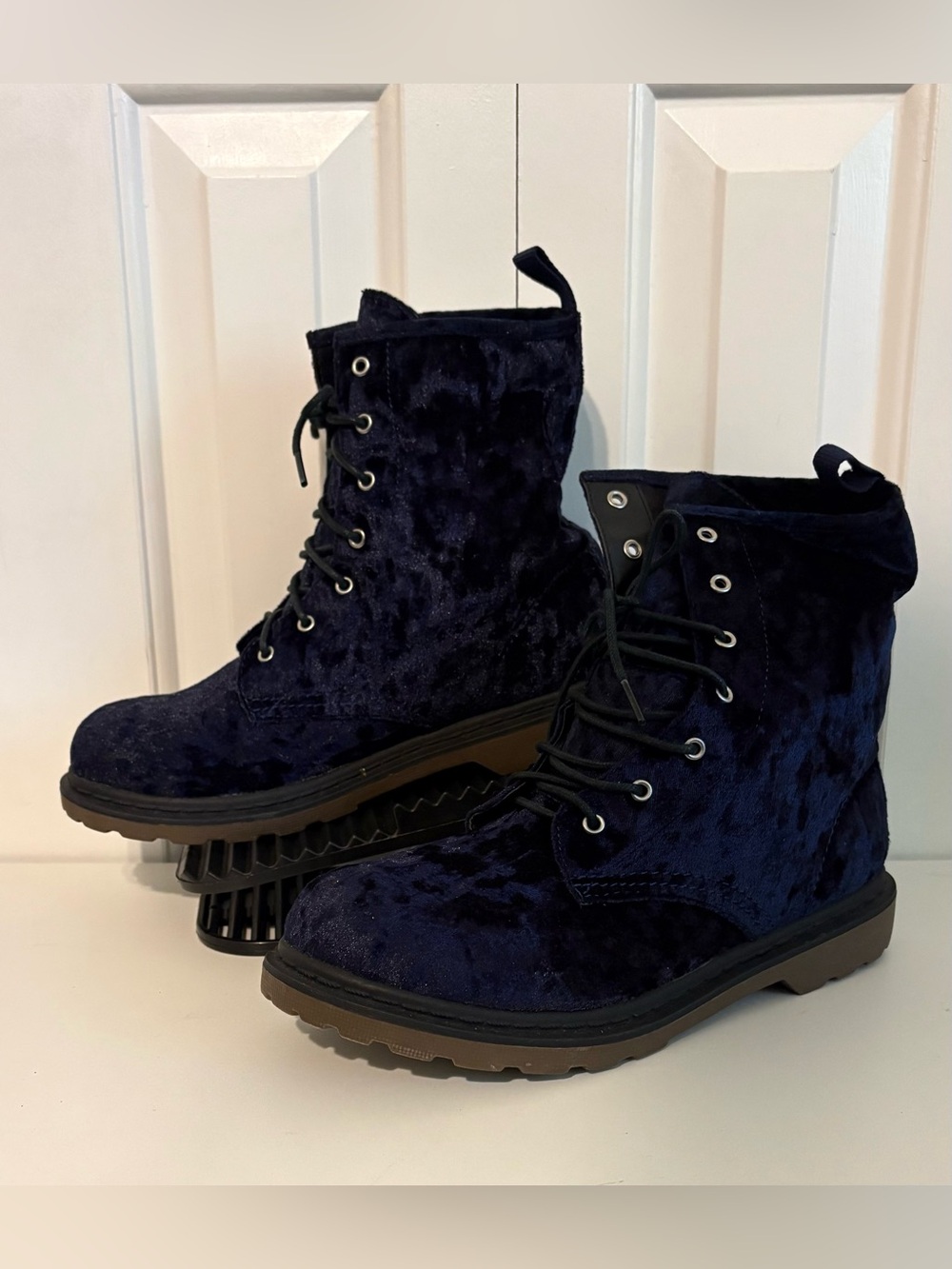 ARIZONA, Crushed Velvet Lace-Up Combat Boots in Deep Navy - Picture 2 of 8